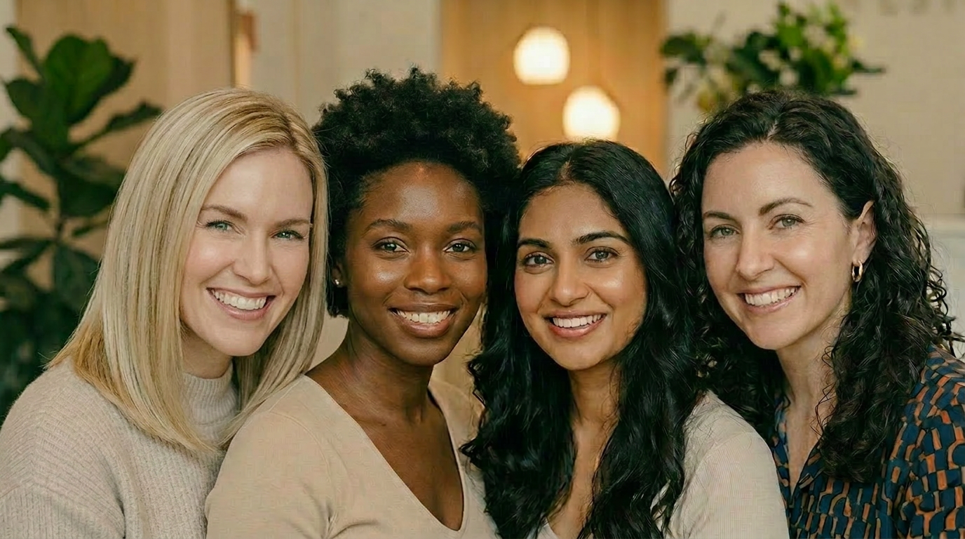 Four women sitting and laughing together in a modern aesthetic clinic waiting area with magazines on a marble table